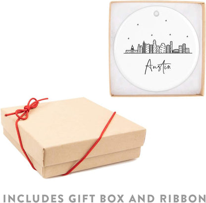 Andaz Press Round Ceramic Porcelain Christmas Tree Ornament Keepsake, Austin Black and White Stars City Skyline Graphic, 1-Pack, Birthday Gift Idea for Family Coworker Him Her, Includes Gift Box