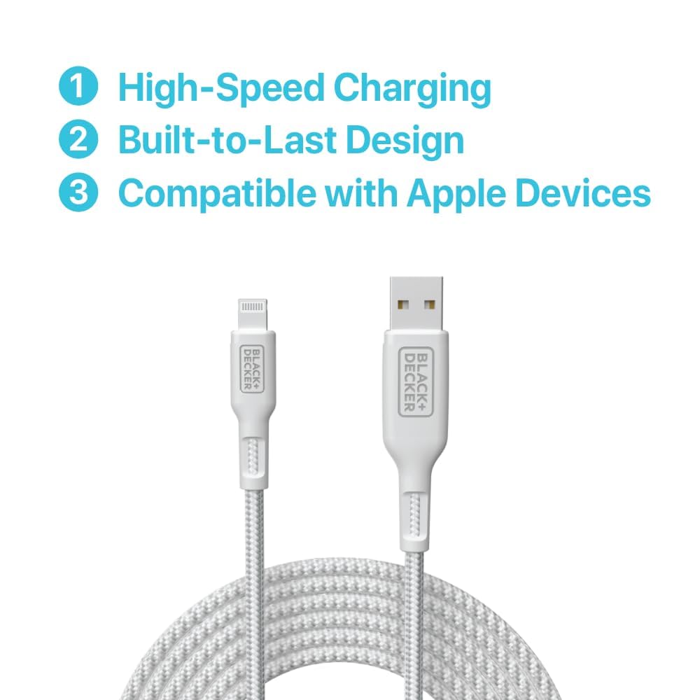 BLACK+DECKER Lightning to USB Cable - Fast Compatible iPhone Lightning Cable - Durable Braided iPhone Charger Cord - for Travel and Daily Use - Multiple Color + Length Options - 9ft