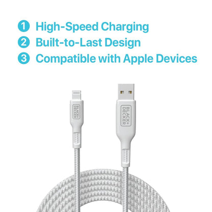 BLACK+DECKER Lightning to USB Cable - Fast Compatible iPhone Lightning Cable - Durable Braided iPhone Charger Cord - for Travel and Daily Use - Multiple Color + Length Options - 9ft