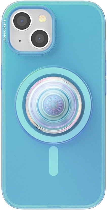 PopSockets iPhone 15 Case with Phone Grip and Slide Compatible with MagSafe, Phone Case for iPhone 15, Wireless Charging Compatible - Opalescent Blue