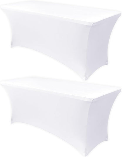 Obstal 6ft Stretch Spandex Table Cover - 2 Pack Universal Rectangular Fitted Tablecloth Protector for Wedding, Banquet and Party, White