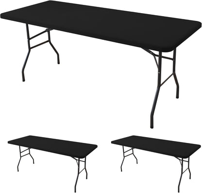 Fitted Tablecloth for 6 Foot Rectangle Tables-2 Pack Black Elastic Outdoor Picnic Table Cover-Spandex Stretch Folding Table Cloths 6 ft for Camping Dining Room Patio Kitchen Banquet Party