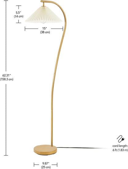 GLOBE Electric x Novogratz 61000043 62" Floor Lamp, Wood Toned, White Pleated Shade, Pivot Joint on Shade, On/Off Foot Switch, Black Cord, Modern Lighting for Living Room or Office