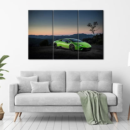 Green Sports Car On Mountain Top and Skyline Wall Art Painting The Picture Print On Canvas Racing Car Pictures for Home Decor Decoration Gift - 28 x 14inch x 3 Panel