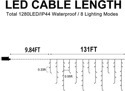 Christmas Lights Outdoor, 1280 LED 131FT Ice Lights for Outside, Clear Wire 8 Modes Plug in 240 Drops Ice String Lights with Timer Memory Function Hanging Light for Christmas Decor(Blue)