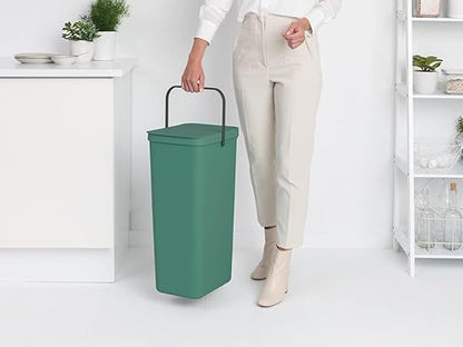 Brabantia Sort & Go Kitchen Recycling Bin | L / 10.6 Gal / 40L | Fir Green | Removable Stay-Open Lid, Carry Handle | Trash Can for Bottles, Cans, Paper, Glass | Wall Bracket Sold Separately