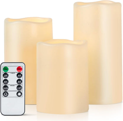 Amagic Outdoor Waterproof Flameless Candles with Timer, Battery Operated Candles with Remote Control, D3 x H4 5" 6" Electric LED Pillar Candle for Outside Patio, Garden, Indoor Decor, Ivory, Set of 3