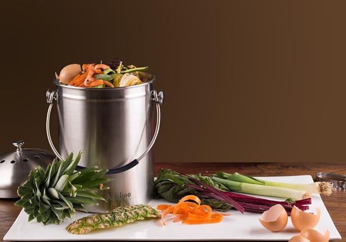 Abakoo Compost Bin 304 Stainless Steel Kitchen Composter Waste Pail Indoor Countertop Kitchen Bin Pail - Includes 4 Filters (1.3 Gallon)