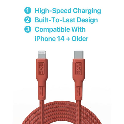 BLACK+DECKER USB C to Lightning Cable - Fast Compatible iPhone Lightning Cable - Durable Braided Type C iPhone Charger Cord - for Travel and Daily Use - Multiple Colors and Lengths - 9ft