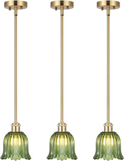 Modern Gold Pendant Light 3 Pack Brushed Brass Mid Century Chandelier Green Glass Shades Adjustable Rods Farmhouse Ceiling Hanging Lighting Fixture Kitchen Island Dining Room Bedroom