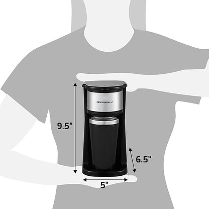 Elite Gourmet EHC-112B Personal Single-Serve Compact Coffee Maker Brewer Includes 14Oz. Thermal Travel Mug with Stainless Steel Interior, Compatible with Coffee Grounds, Reusable Filter, Black