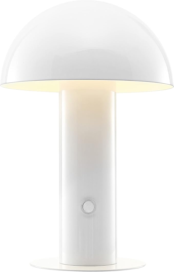 JONATHAN Y 10.75" White Rechargeable LED Mushroom Table Lamp, Cordless Portable Bedside Lamp for Living Room Bedroom, 3-Way Dimmable Modern Iron Desk Light, Metal Shade (JYL7115B)