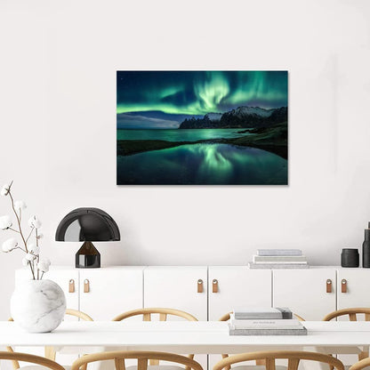Aurora Borealis Wall Art Painting for Office Bedroom Scenery Landscape Canvas Print Framed Picture Northern Lights Poster Artwork Ready to Hang(12.00"x16.00")
