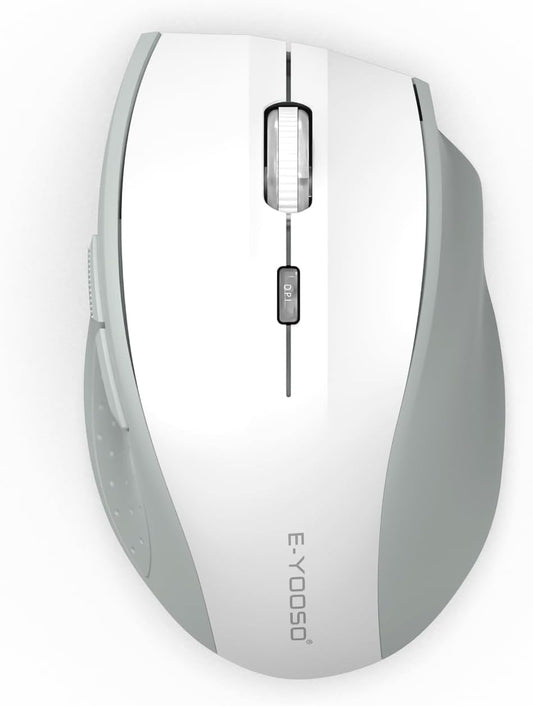 E-YOOSO Wireless Mouse for Laptop, Portable Optical Computer Mouse, 6 Buttons, Cordless 2.4GHz with USB Receiver, 5-Level 4800 DPI, 18 Months Battery Life, for PC, Chromebook, Windows, Mac(White Gray)