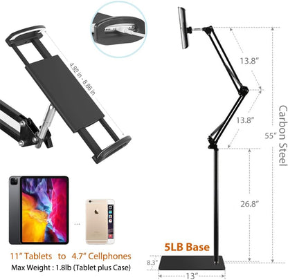 Tablet Floor Stand, Overhead Bed Phone Stand Angle Height Adjustable Holder, Universal Floor Stand Compatible with iPhone iPad Pro Air Mini, Samsung Tab, Kindle, E-Readers…
