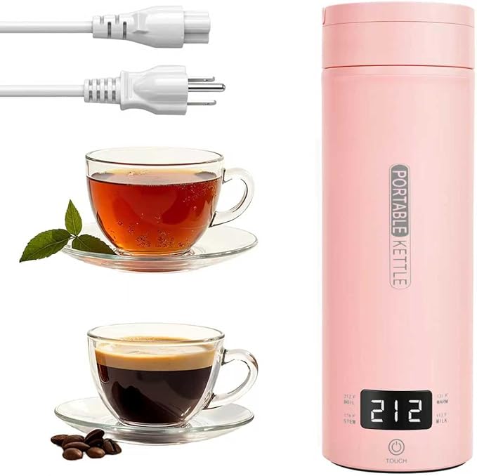 Pink Portable Electric Kettle forTravel, Small Hot Water Kettle with NTC Temperature Control and Auto Shut-Off, 316 Stainless Steel, Green 110V & 15oz