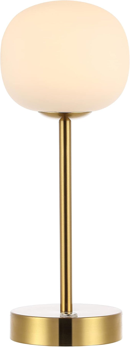 JONATHAN Y 12.25" Brass Gold/White Rechargeable Table Lamp, Modern Cordless LED Nightstand Lamp, White Glass Shade, Dimmable Portable Desk Lamp for Bedroom Living Room Dining (JYL7108C)