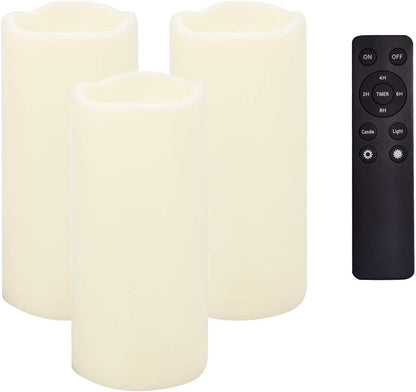CANDLE CHOICE Waterproof Outdoor Battery Operated Flameless Candles Remote Timer Ivory Tall Plastic Fake Realistic Flickering Electric LED Pillars for Lantern Wedding Christmas Decorations 3”x7” 3PCS