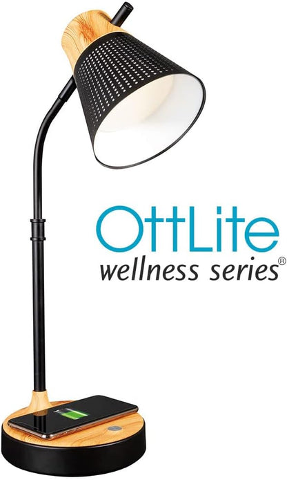 OttLite Wellness Series Wireless Charging LED Table Lamp, LED Desk Lamp and Book Light, Reading Light, Great Desk Lights for Home Office, Black with Woodgrain Accents