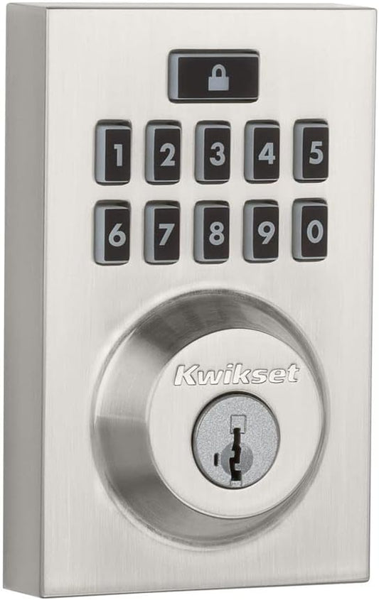 Kwikset 914 Contemporary Keypad SmartCode Electronic Deadbolt Smart Lock featuring SmartKey Security and ZigBee 3.0 Technology in Satin Nickel