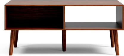 Coffee Table with Storage, Mid Century Dining Table with Sliding Fluted Door and Solid Wood Legs, Small Coffee Tables for Living Room, Walnut