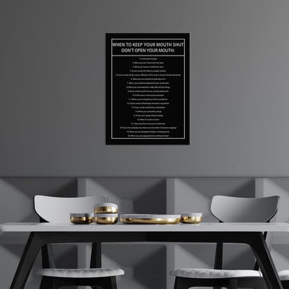 Inspirational Canvas Wall Art When to Keep Your Mouth Shut Don't Open Your Mouth Life Learning Poster Prints Artwork for Living Room Modern Home Decor Painting Stretched and Framed [18''Wx 24''H]