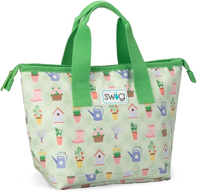 Swig Life Lunchi Lunch Box, Waterproof and Insulated Lunch Box for Women with Wide Bottom, Zipper Closure, Back Pocket and Top Handle (Green Thumb)