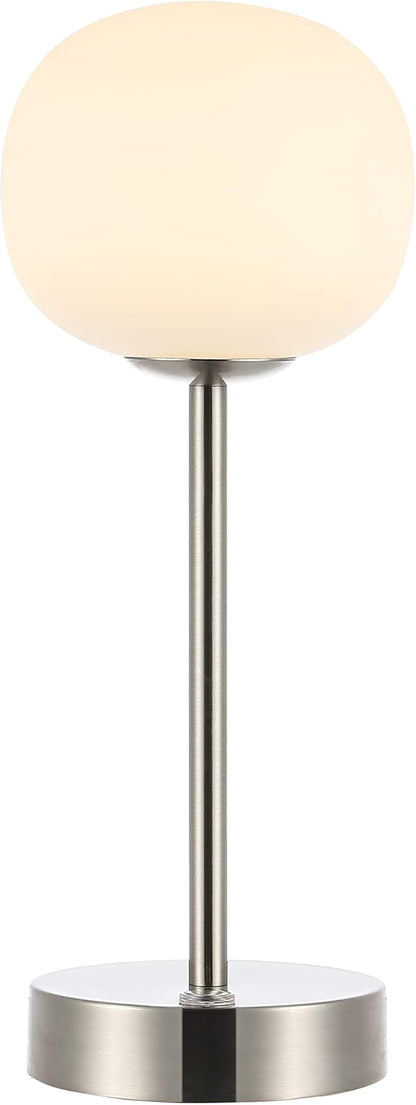 JONATHAN Y 12.25" Nickel Rechargeable Table Lamp, Modern Cordless LED Nightstand Lamp, White Glass Shade, Dimmable Portable Desk Lamp for Bedroom Living Room Dining JYL7108A