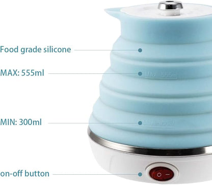 Ultrathin Upgraded Food Grade Silicone Travel Foldable Electric Kettle Boil Dry Protection Portable with Dual Voltage and Separable Power Cord,555ML 110-220V US Plug
