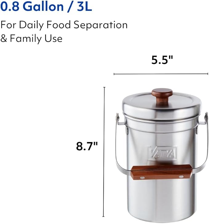 Vatya Stainless Steel Kitchen Compost Bin - NO Filter Countertop Composter, Composting Bucket, Counter Top Small Indoor Food Waste Container with Lid, Odorless Food Scrap Pail, Large 0.8 Gallon
