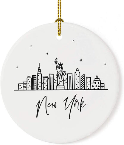 Andaz Press Round Ceramic Porcelain Christmas Tree Ornament, New York, Black And White Stars City Skyline 1-Pack Birthday Ideas Family Coworker, NYC Christmas Ornament New York City Christmas Ornament