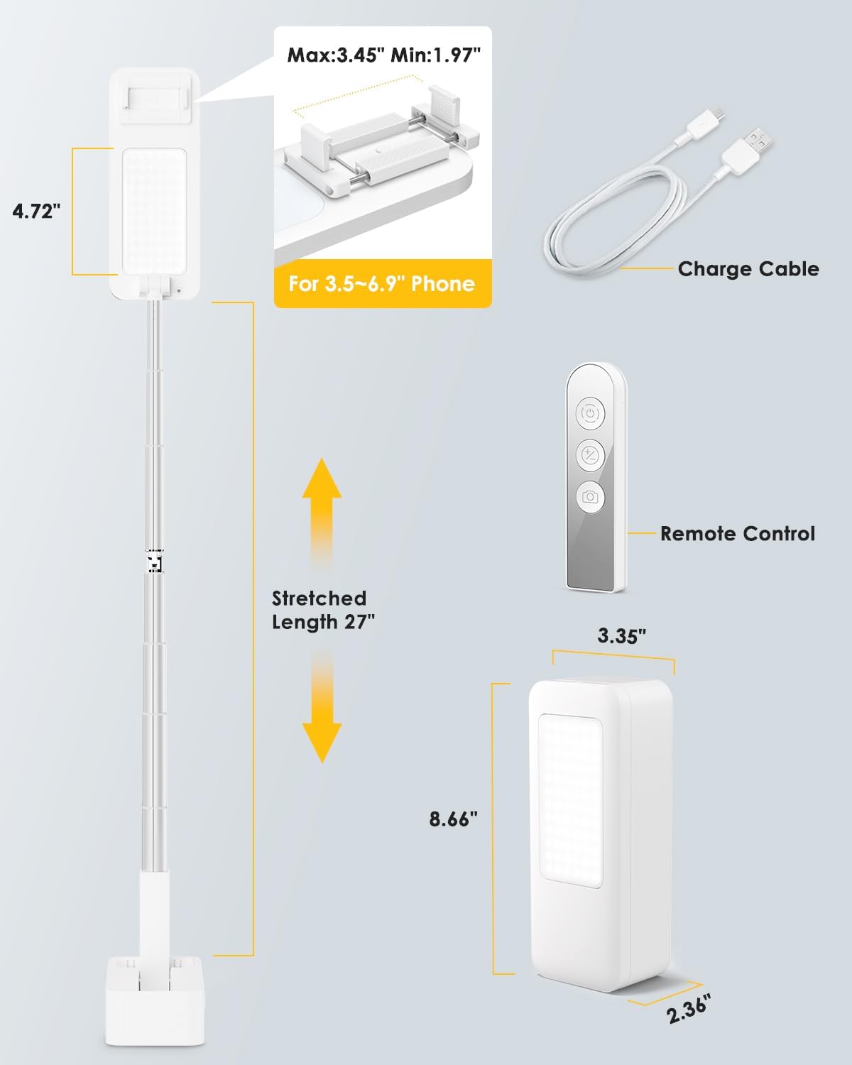 Phone Stand for Recording, Overhead Phone Mount with Light, Selfie Stand,Portable,Extendable,360° Rotate,Adjustable,Wireless Remote,Rechargeable, for 3.5-6.9" Phones, Live Streaming, White