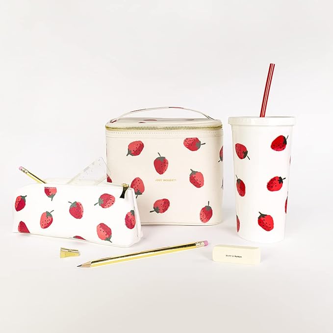 kate spade new york Beige Lunch Bag, Small Insulated Lunch Tote, Thermal Bag with Double Zipper and Carrying Handle, Strawberries