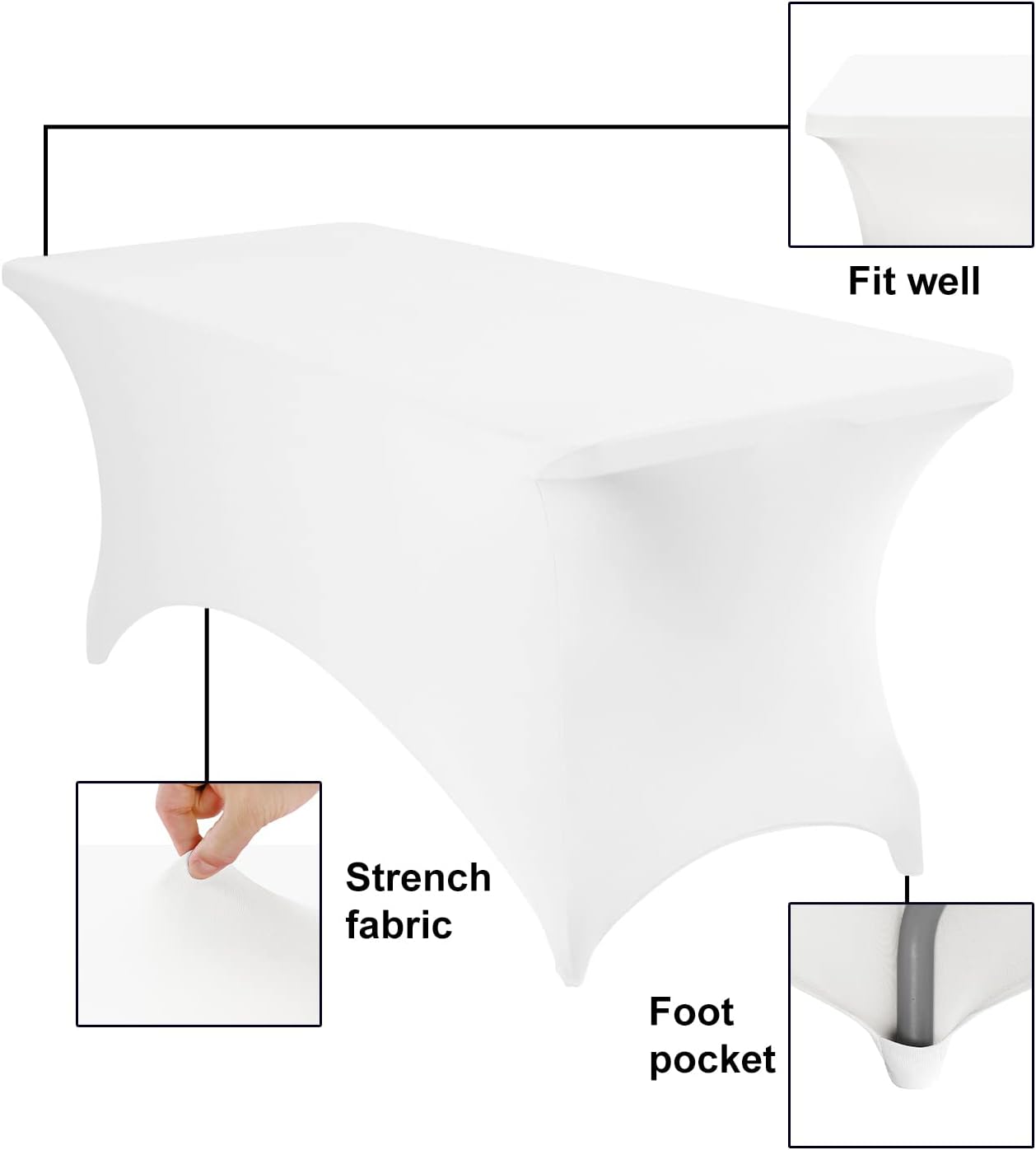 4Pack Spandex Waterproof Table Covers 6ft，Spandex 6ft Waterproof Table Cover for Party,Wedding, Banquet, and Events(White)