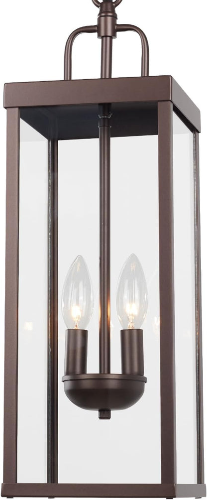 Large Outdoor Pendant Lantern Light Fixture for Front Porch, 20 Inch 2-Light Bronze Exterior Hanging Chandelier with Clear Glass, Outdoor Indoor Pendant Lamp for Patio, Gazebo, RZ008M-H ORB