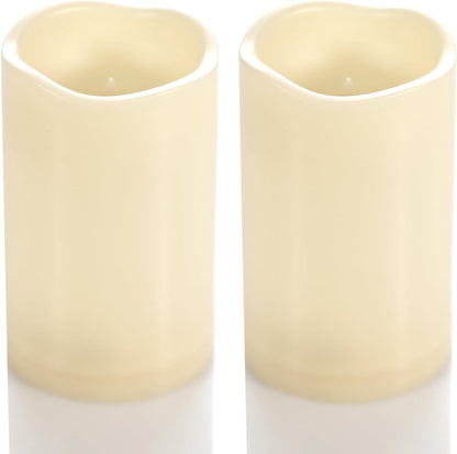 CANDLE CHOICE Waterproof Outdoor Battery Operated Flameless Candles with Timer Flickering Plastic Resin Electric LED Pillar Lights for Lantern Patio Garden Wedding Party Decorations 3x5 Inches 2 Pack