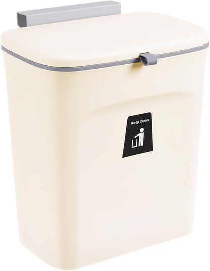 Tiyafuro 2.4 Gallon Kitchen Compost Bin for Counter Top or Under Sink, Hanging Small Trash Can with Lid for Cupboard/Bathroom/Bedroom/Office/Camping, Mountable Indoor Compost Bucket, Beige