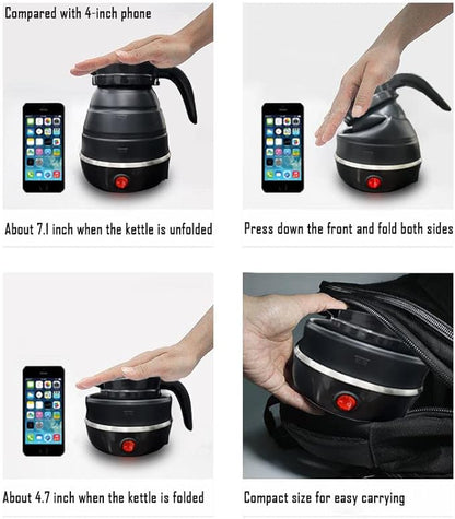 Travel Kettle Electric Small Foldable Portable Kettle,Silicone Collapsible Heating Water Boiler Tea Pot for Camping,Easy for Storage with Separable Power Cord (Black)