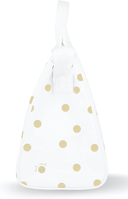 kate spade new york Portable Soft Cooler Lunch Bag, Thermal Tote with Insulated Interior Lining and Storage Pocket, Lunch Tote for Women, Gold Dot with Script
