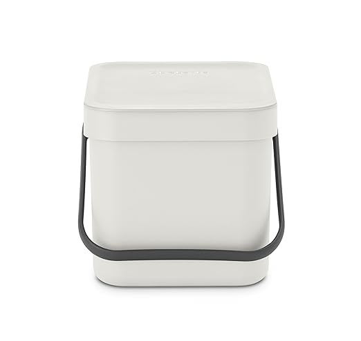 Brabantia Sort & Go Kitchen Countertop Food Scraps Compost Bin | XS / 1.6 Gal / 6L | Light Gray | Removable Stay-Open Lid, Carry Handle, Easy-Clean Recycling Box | Wall-Mounting Bracket Included
