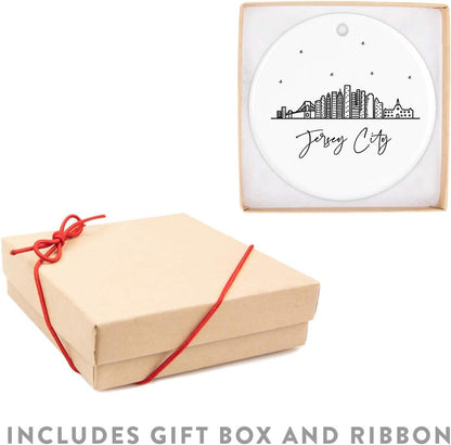 Andaz Press Round Ceramic Porcelain Christmas Tree Ornament Keepsake Gift, Jersey City, Black and White Stars City Skyline Graphic, 1-Pack, Birthday Ideas Family Coworker Him Her, Includes Gift Box