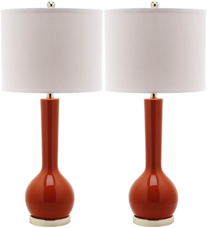 SAFAVIEH Lighting Collection Mae Long Neck Modern Contemporary Blood Orange Ceramic 31-inch Bedroom Living Room Home Office Desk Nightstand Table Lamp Set of 2 (LED Bulbs Included)