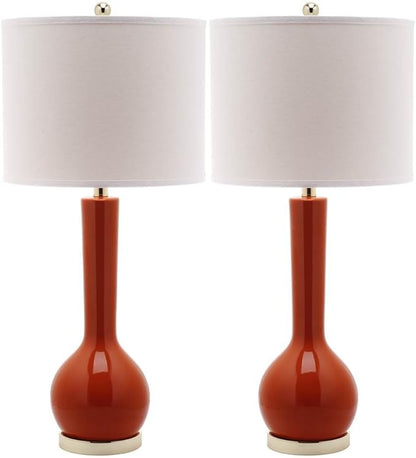 SAFAVIEH Lighting Collection Mae Long Neck Modern Contemporary Blood Orange Ceramic 31-inch Bedroom Living Room Home Office Desk Nightstand Table Lamp Set of 2 (LED Bulbs Included)