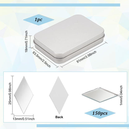 OLYCRAFT 150pcs Rhombus Craft Mirrors 1x0.5 Inch Small Mirror Tiles with Storage Box Non-Stick Mini Glass Mirror Tiles DIY Mirror Rhombus Mini Mirrors for Crafts Art Wall Door Home Decorations