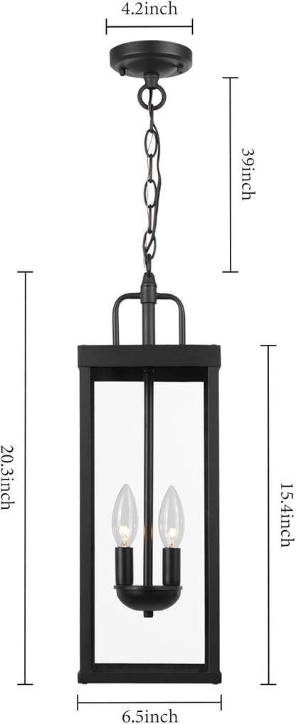 Large Outdoor Pendant Lantern Light Fixture for Front Porch, 20 Inch 2-Light Black Exterior Hanging Chandelier with Clear Glass, Outdoor Indoor Pendant Lamp for Patio, Gazebo, Entryway, Doorway