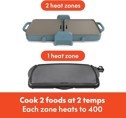 bella 10"x 20" Ceramic Fold-n-Store Dual Temp Griddle, Fits-anywhere™ Kitchenware, EverGood™ Ceramic Nonstick Coating, 2 Temperature Zones up to 400°F, Dishwasher Safe Drip Tray, 1500 Watt, Surf