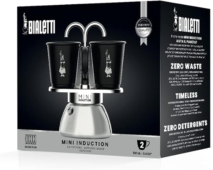 Bialetti Mini Express Induction Coffee Maker, Aluminium, Black, 2 Cups