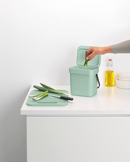 Brabantia Sort & Go Kitchen Countertop Food Scraps Compost Bin | XS / 0.8 Gal / 3L | Jade Green | Removable Stay-Open Lid, Carry Handle, Easy-Clean Recycling Box | Wall Bracket Sold Separately