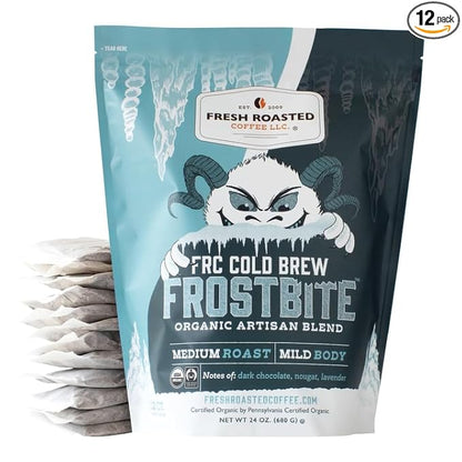 Fresh Roasted Coffee, Organic Frostbite Cold Brew Coffee Filter Packs | Mold & Myco Tested, USDA Organic, Kosher | Medium Roast, 12 Count, 24 oz