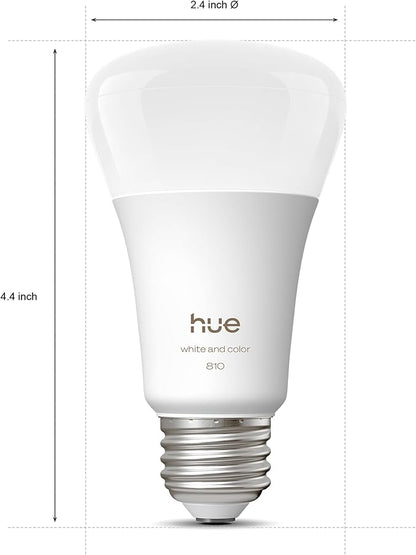 Philips Hue Smart LED A19 Bulb, 1 Pack, White & Color Ambiance, E26 Base, 7.2W, Full Spectrum Light 1000K-20000K, 810 Lumens, Dimmable LED Bulbs, Works with Alexa, Google,& Apple Home